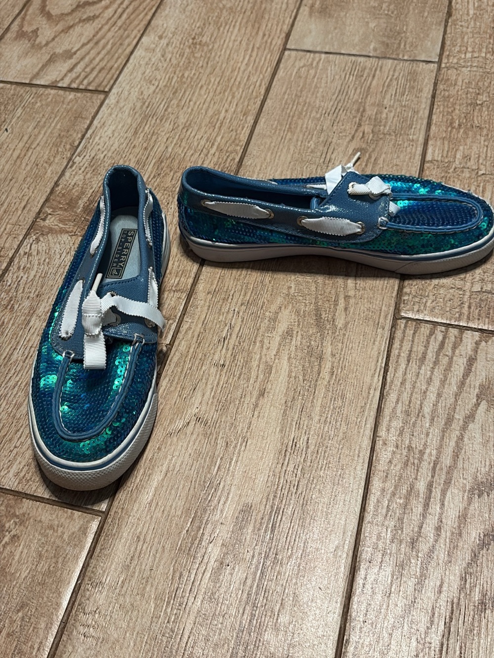 Sperry Iridescent Teal Sequin Boat Shoes with White Ribbon Laces